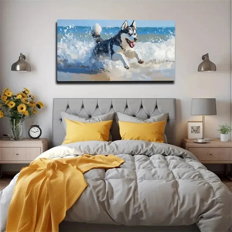 A Husky Running And Playing Wall Art Canvas Office Home Room Framed 120x60cm