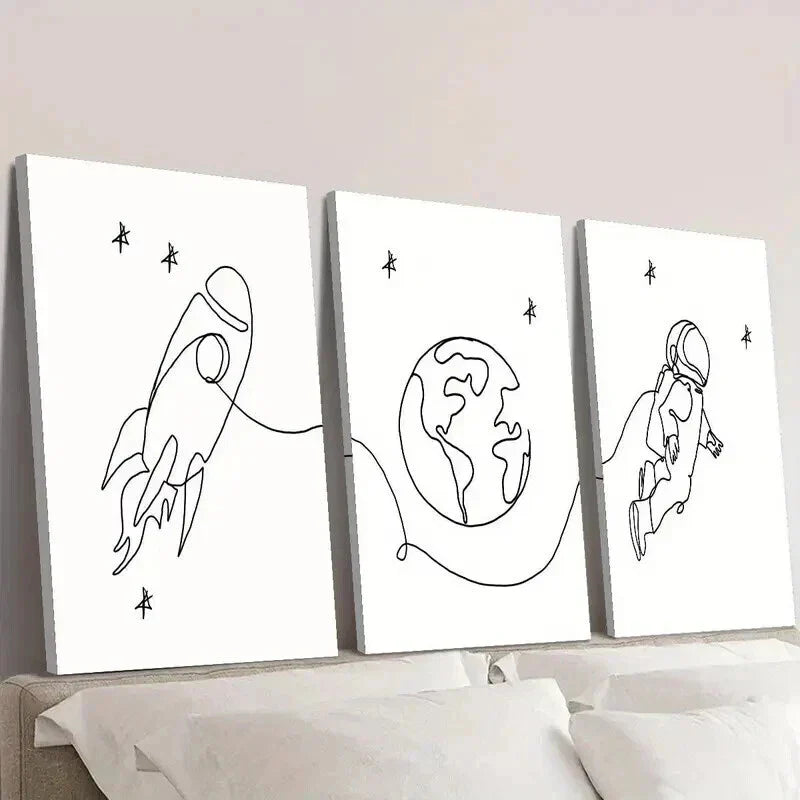 3pcs Earth Rocket Astronaut Line Drawings Wall Art Set Canvas Framed 40x60cm - High Quality Print 100% Australian Made Wall Canvas Ready to Hang