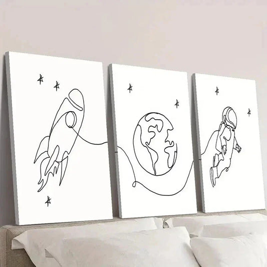 3pcs Earth Rocket Astronaut Line Drawings Wall Art Set Canvas Framed 40x60cm - High Quality Print 100% Australian Made Wall Canvas Ready to Hang