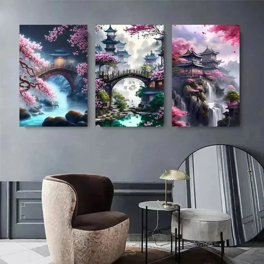 3pcs Japanese Garden Cherry Blossoms Metal Print Ready to Hang Art