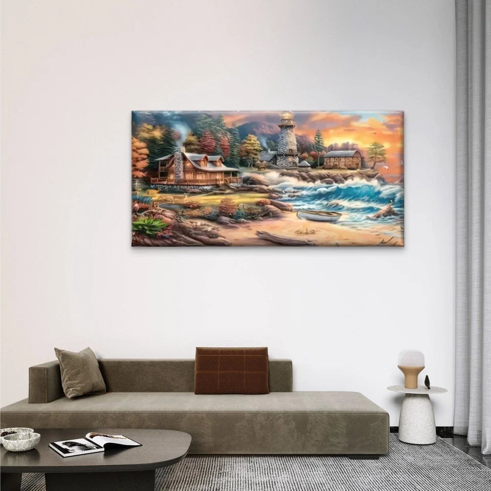 Beach Scene Lighthouse Boat Wall Art Canvas Office Home Room Framed 120x60cm