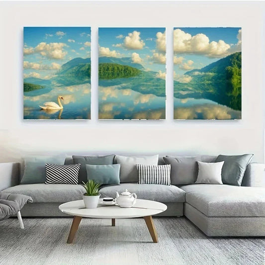 3pcs A White Swan Swimming White Clouds Metal Print Ready to Hang Art