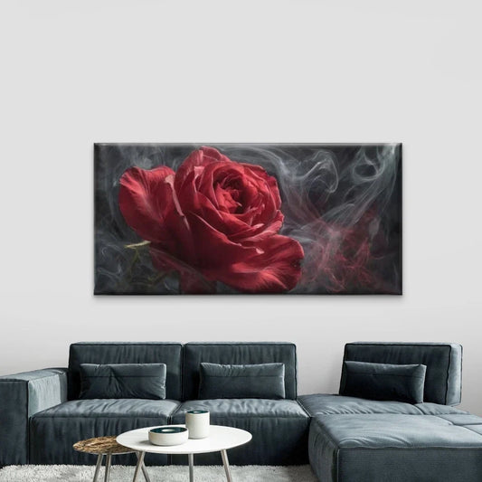 Red Rose & Smoke Floral Wall Art Canvas Office Home Room Framed 80x45cm