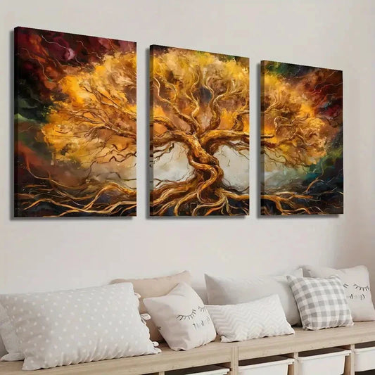 3pcs Golden Style Tree Decorative Wall Art Set Canvas Framed 40x60cm - High Quality Print 100% Australian Made Wall Canvas Ready to Hang