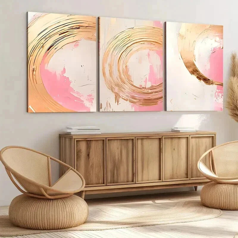 3pcs Trendy Abstract Art Pink Golden Rounds Wall Art Set Canvas Framed 40x60cm - High Quality Print 100% Australian Made Wall Canvas Ready to Hang
