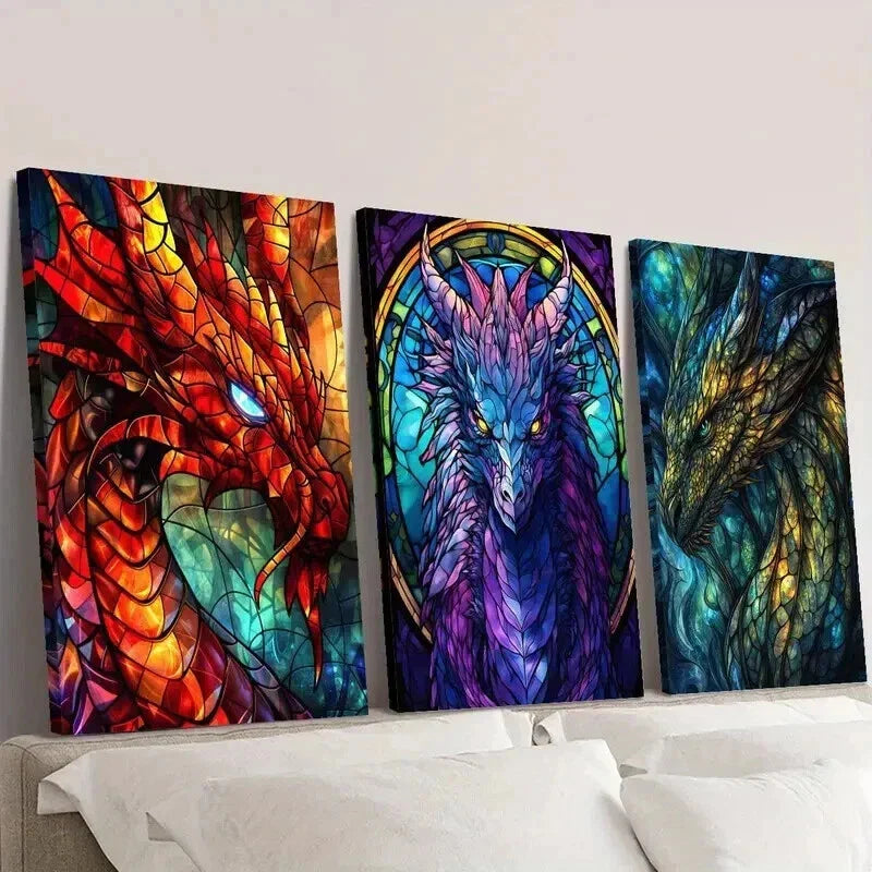 3pcs Stained Glass Fantasy Dragon Design Wall Art Set Canvas Framed 40x60cm - High Quality Print 100% Australian Made Wall Canvas Ready to Hang