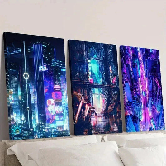 3pcs Vibrant Neon Futuristic Skylines Wall Art Set Canvas Framed 40x60cm - High Quality Print 100% Australian Made Wall Canvas Ready to Hang