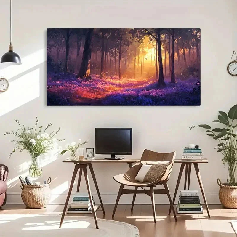Enchant Forest Mystical Golden Wall Art Canvas Office Home Room Framed 80x45cm