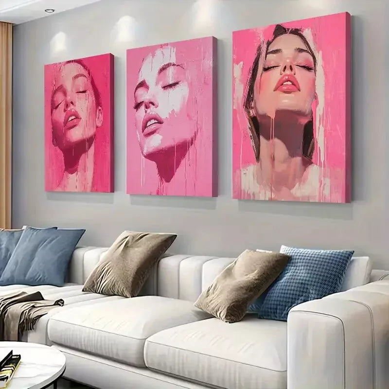 3pcs   Pink Female Portrait Triptych Wall Art Set Canvas Framed 40x60cm - High Quality Print 100% Australian Made Wall Canvas Ready to Hang