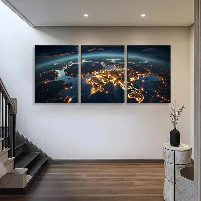 3pcs Connections with Illuminated Cities Perfect Wall Art Set Canvas Framed 40x60cm - High Quality Print 100% Australian Made Wall Canvas Ready to Hang