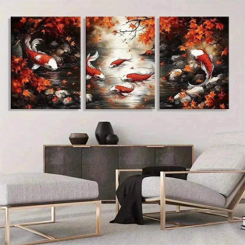 3pcs Japanese Koi Fish Japanese Koi Fish Perfect Wall Art Set Canvas Framed 40x60cm - High Quality Print 100% Australian Made Wall Canvas Ready to Hang