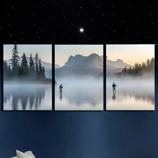3pcs Two People Fishing By The Lake Metal Print Ready to Hang Art