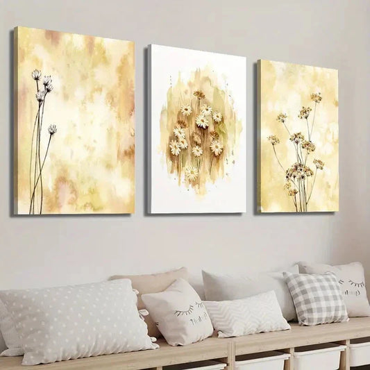 3pcs Botanical Wildflowers Beige Mustard Ochre Wall Art Set Canvas Framed 40x60cm - High Quality Print 100% Australian Made Wall Canvas Ready to Hang