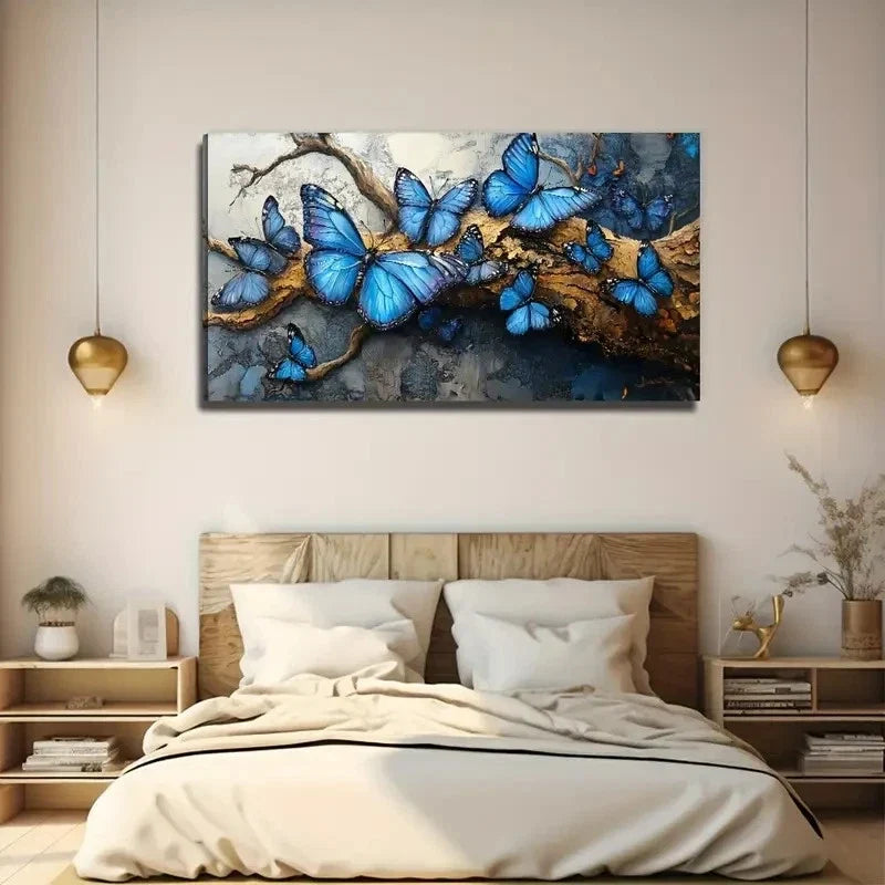 Bohemian Style Blue Butterfly Wall Art Canvas Office Home Room Framed 80x45cm