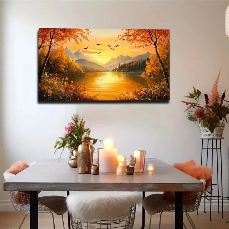 Sunset Over Lake With Mountains Wall Art Canvas Office Home Room Framed 80x45cm
