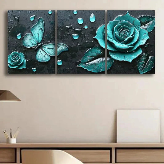 3pcs Teal Rose Light Green Butterfly Metal Print Ready to Hang Art