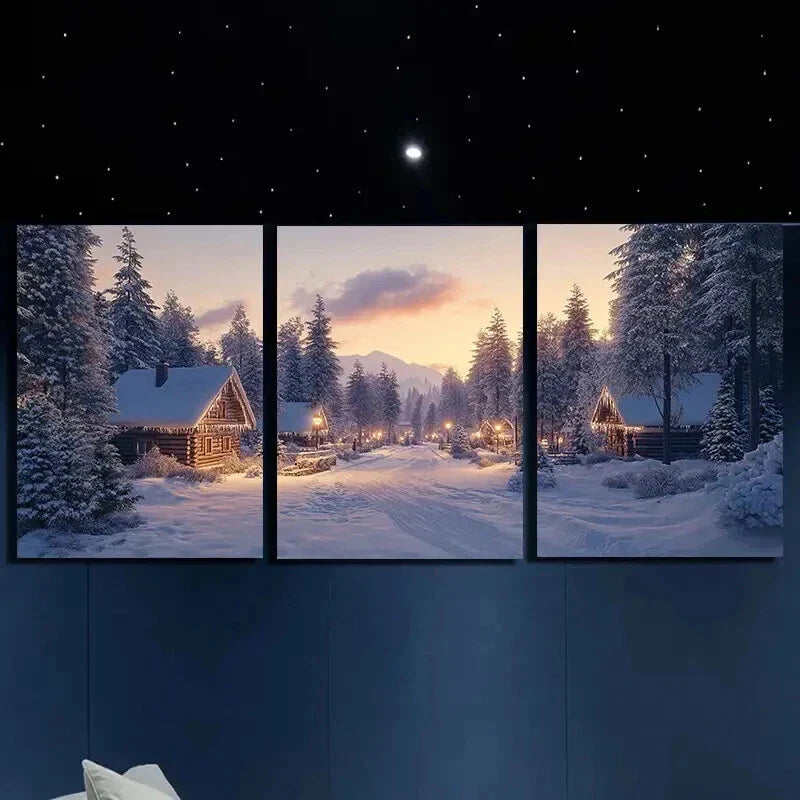 3pcs Houses in the Snow Mountain Wall Art Set Canvas Framed 40x60cm - High Quality Print 100% Australian Made Wall Canvas Ready to Hang
