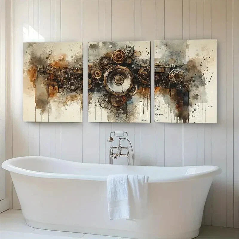 3pcs Rusty Gears and Watercolor Drips Perfect Wall Art Set Canvas Framed 40x60cm - High Quality Print 100% Australian Made Wall Canvas Ready to Hang