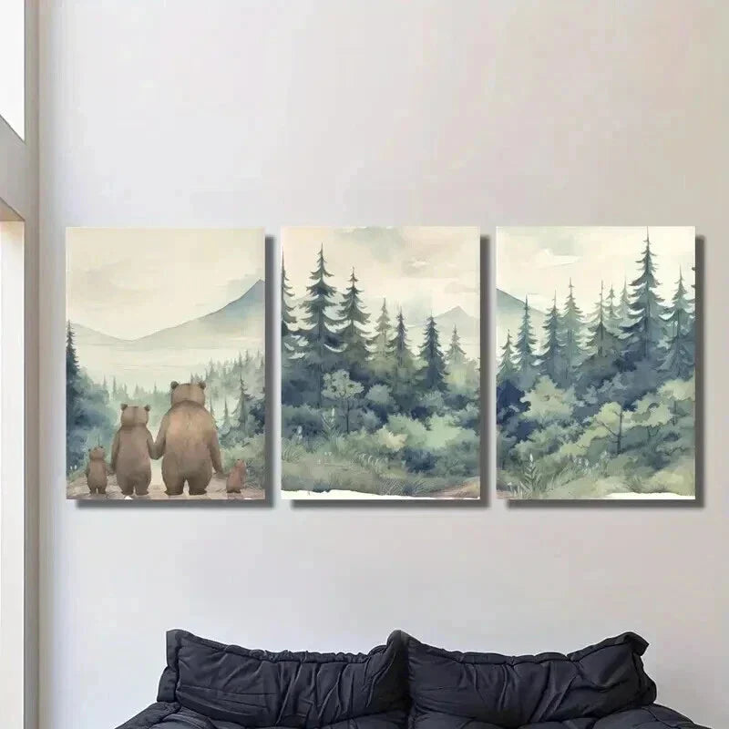 3pcs Bear Family in Forest Portrait Decor Wall Art Set Canvas Framed 40x60cm - High Quality Print 100% Australian Made Wall Canvas Ready to Hang
