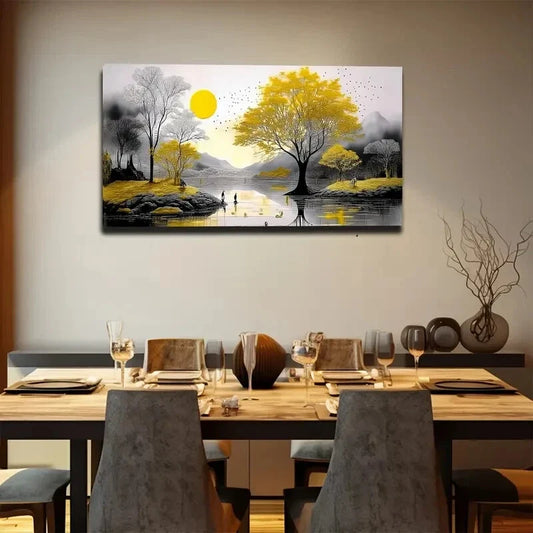 Serene Yellow Tree Sunset Scene Wall Art Canvas Office Home Room Framed 120x60cm