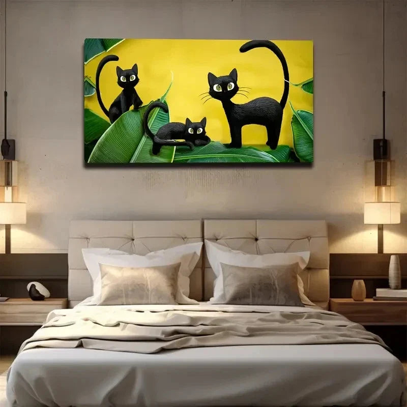 Three Cartoon Black Cats Wall Art Canvas Office Home Room Framed 80x45cm