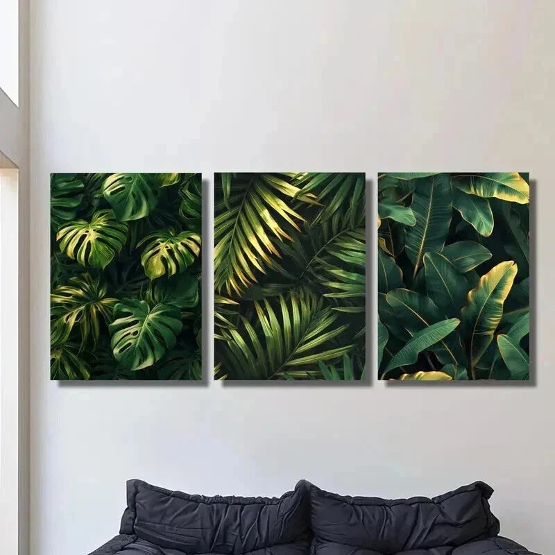 3pcs Tropical Monstera Golden Palm Leaf Wall Art Set Canvas Framed 40x60cm - High Quality Print 100% Australian Made Wall Canvas Ready to Hang