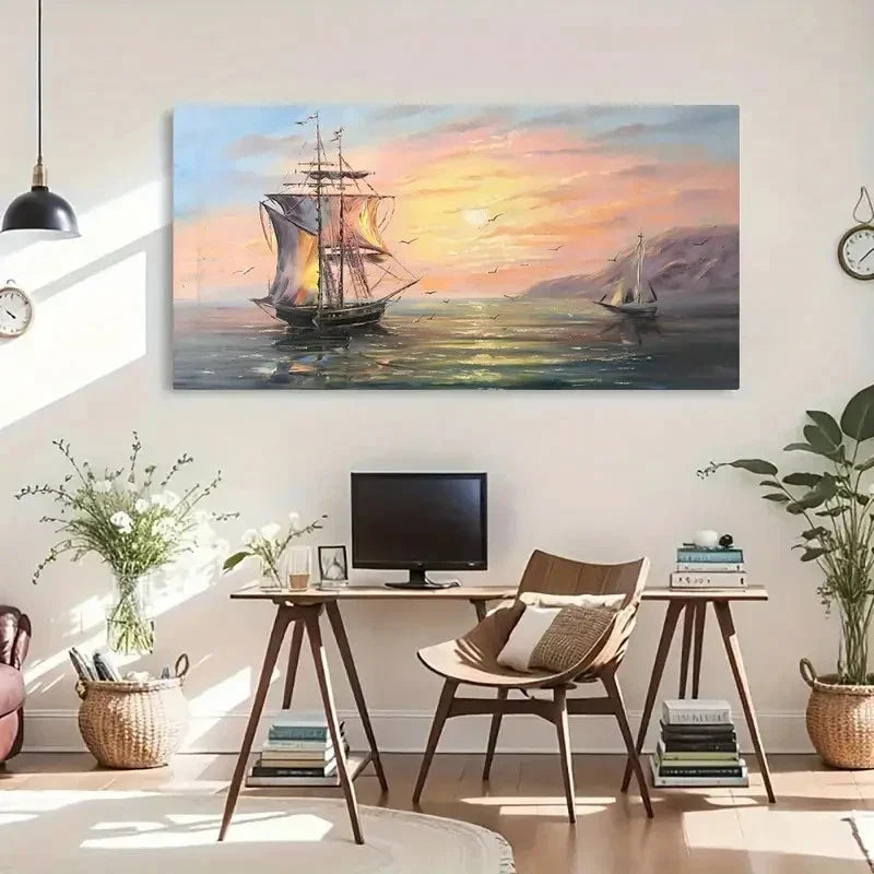 Sailing Boat & Sunrise Charm Wall Art Canvas Office Home Room Framed 120x60cm