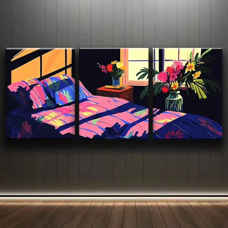 3pcs Illustration of Bedroom with Window Perfect Wall Art Set Canvas Framed 40x60cm - High Quality Print 100% Australian Made Wall Canvas Ready to Hang