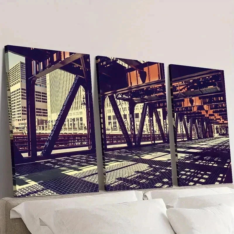 3pcs Chicago Illinois Bridge Architecture Wall Art Set Canvas Framed 40x60cm - High Quality Print 100% Australian Made Wall Canvas Ready to Hang