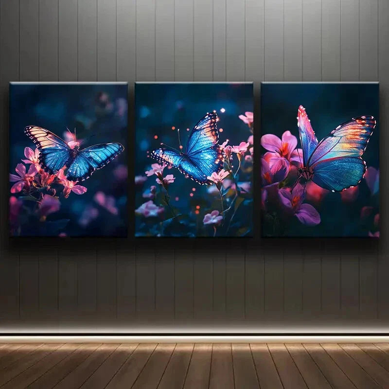 3pcs Glowing Butterfly Flowers Colorful Perfect Wall Art Set Canvas Framed 40x60cm - High Quality Print 100% Australian Made Wall Canvas Ready to Hang