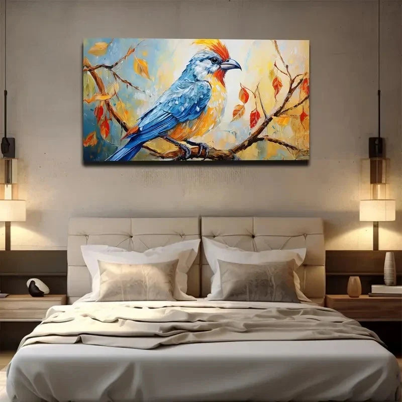 Autumn Leaves & Bird Wall Art Canvas Office Home Room Framed 80x45cm