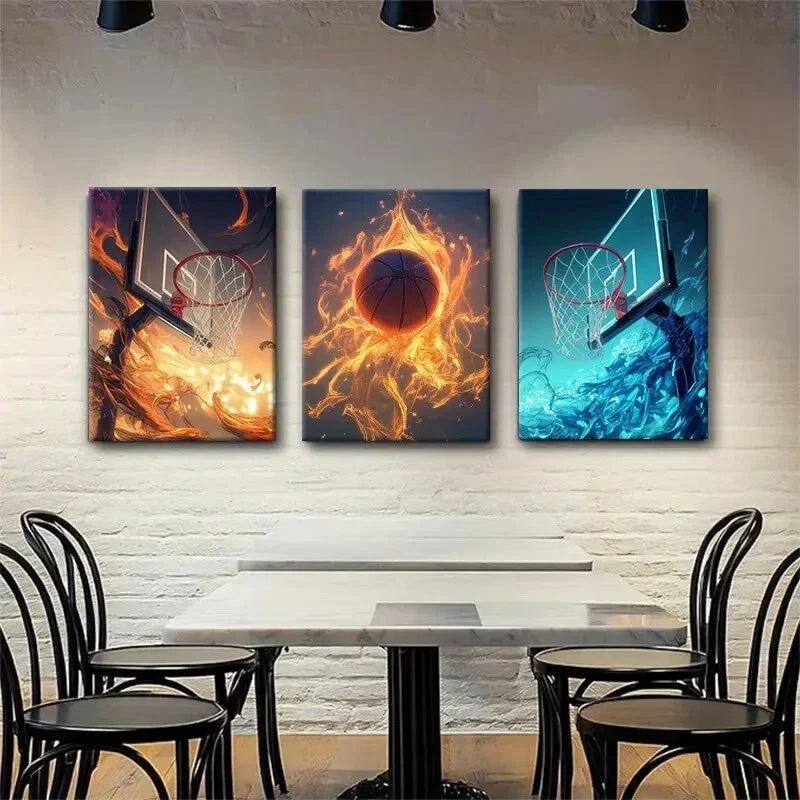 3pcs Basketball Fire and Water Themed Perfect Wall Art Set Canvas Framed 40x60cm - High Quality Print 100% Australian Made Wall Canvas Ready to Hang