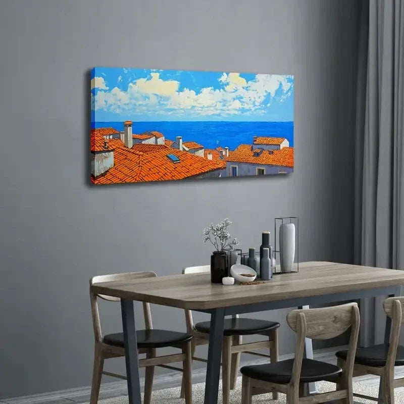 Tiled Roofs & Blue Sky Scene Wall Art Canvas Office Home Room Framed 120x60cm