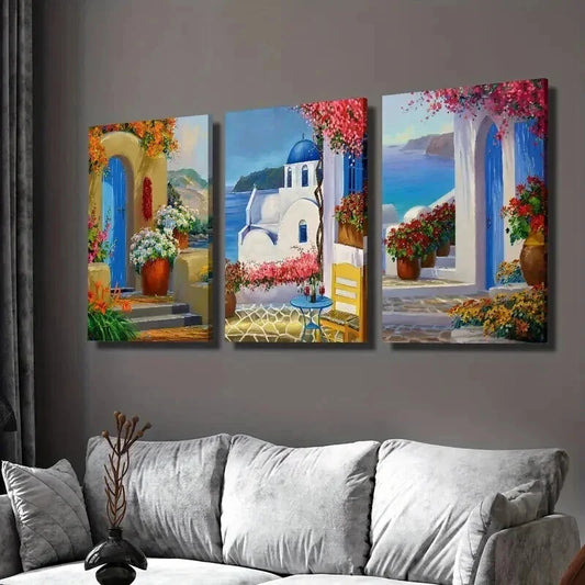 3pcs Santorini Greece Landscape & Floral Garden Wall Art Set Canvas Framed 40x60cm - High Quality Print 100% Australian Made Wall Canvas Ready to Hang