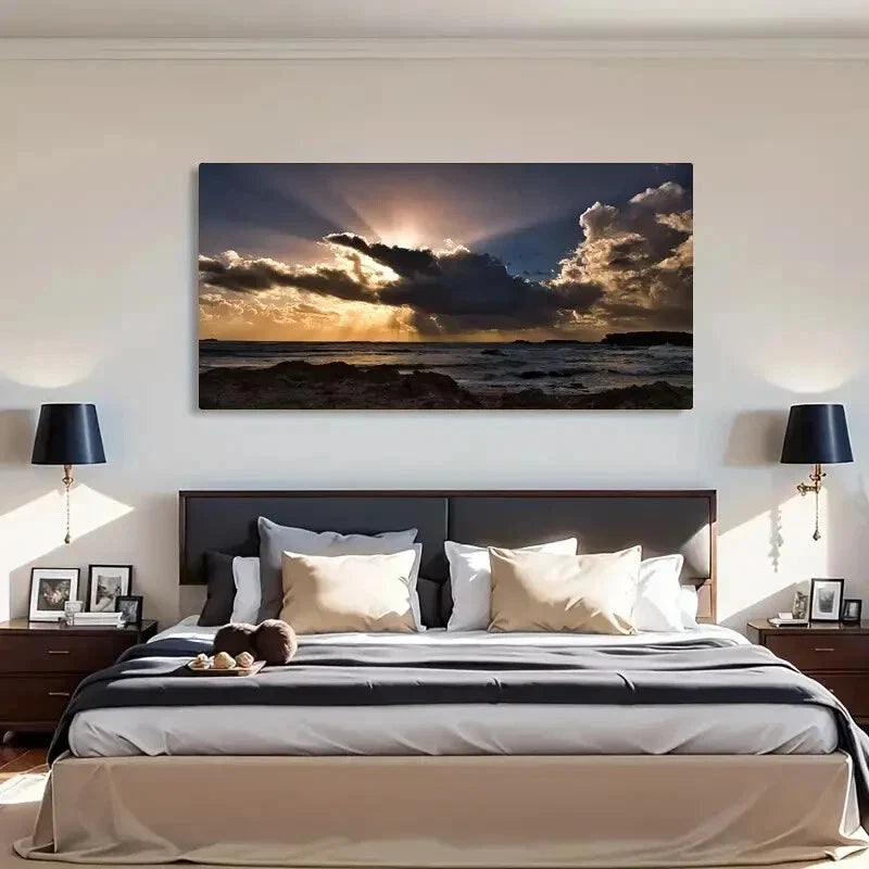 Vibrant Clouds & Sun Rays Ocean Wall Art Canvas Office Home Room Framed 120x60cm