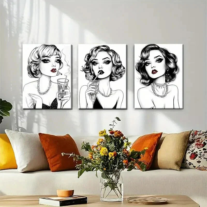 3pcs Vintage Glamour Fashionable Woman Perfect Wall Art Set Canvas Framed 40x60cm - High Quality Print 100% Australian Made Wall Canvas Ready to Hang