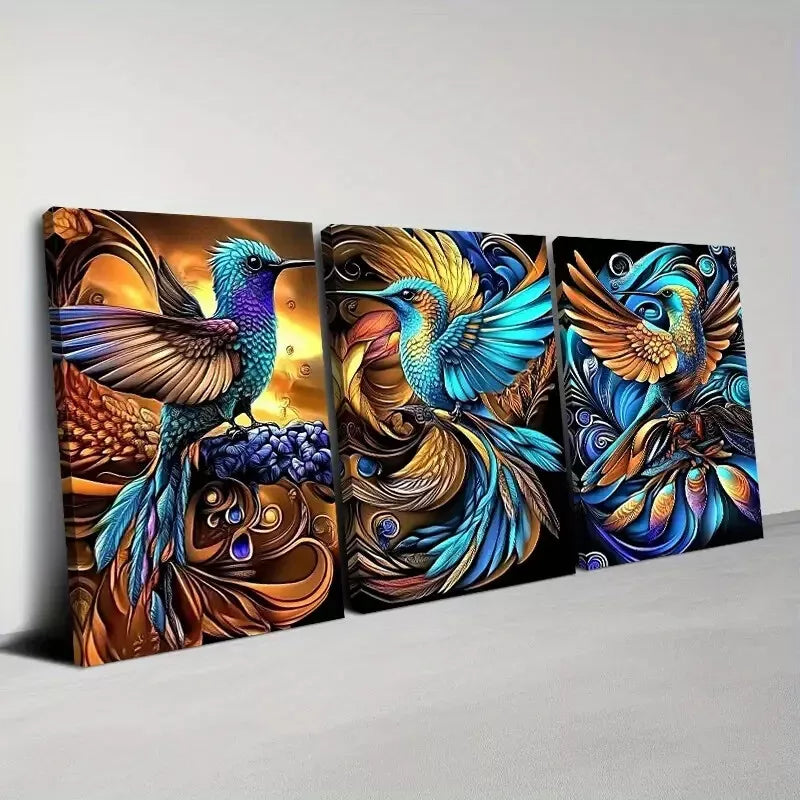 3pcs Beautiful Golden and Blue Abstract Bird Wall Art Set Canvas  Framed 40x60cm - High Quality Print 100% Australian Made Wall Canvas Ready to Hang