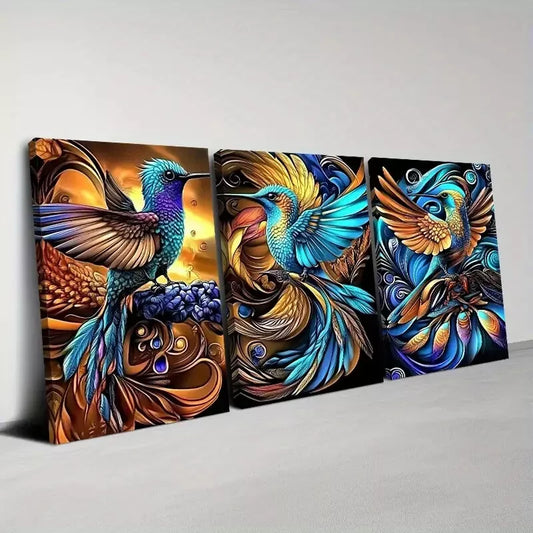 3pcs Beautiful Golden and Blue Abstract Bird Wall Art Set Canvas  Framed 40x60cm - High Quality Print 100% Australian Made Wall Canvas Ready to Hang