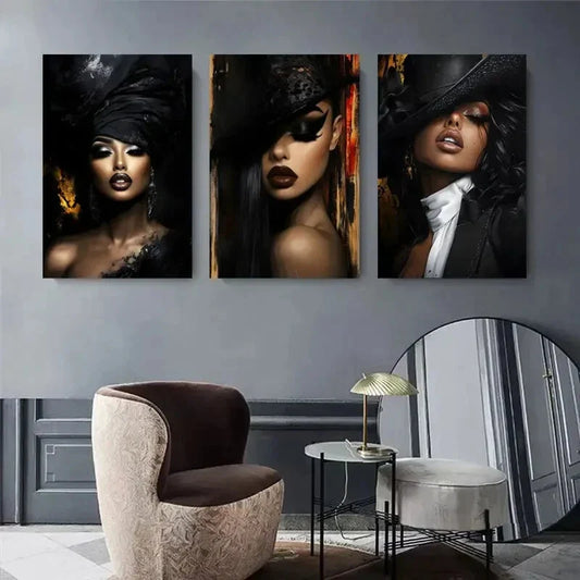 3pcs Black Hat Female Portrait Triptych Metal Print Ready to Hang Art
