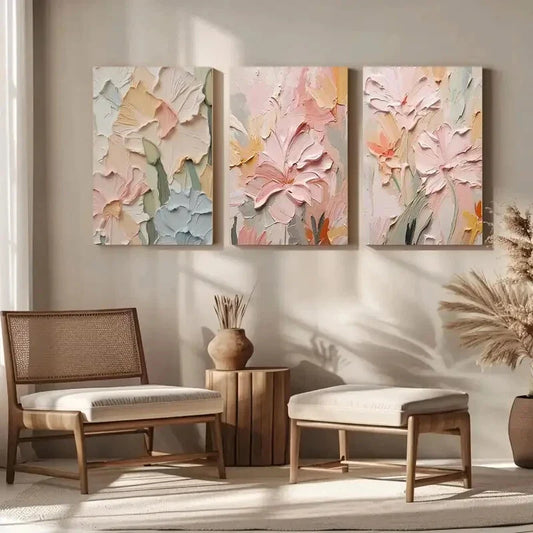 3pcs Flower Painting on Abstract Creamy Metal Print Ready to Hang Art