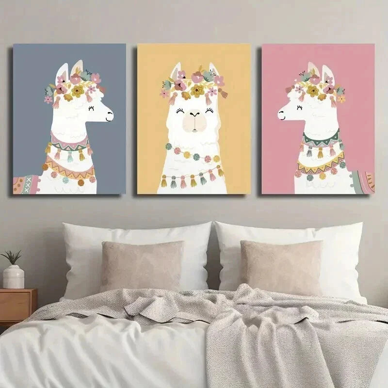 3pcs Cartoon Animals and Flowers Illustration Wall Art Set Canvas Framed 40x60cm - High Quality Print 100% Australian Made Wall Canvas Ready to Hang