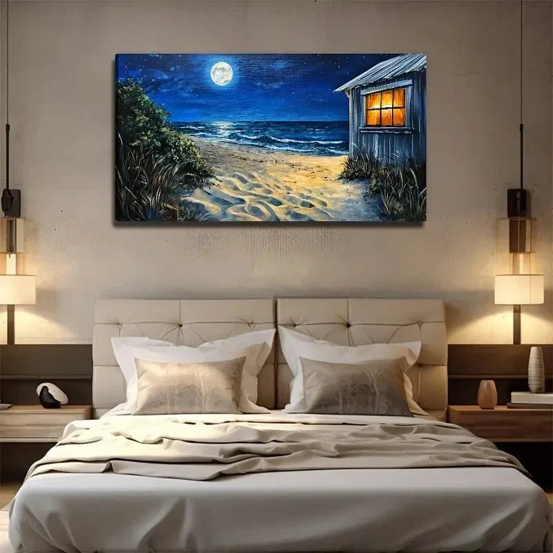 Beach Moon Serene Nighttime Wall Art Canvas Office Home Room Framed 120x60cm