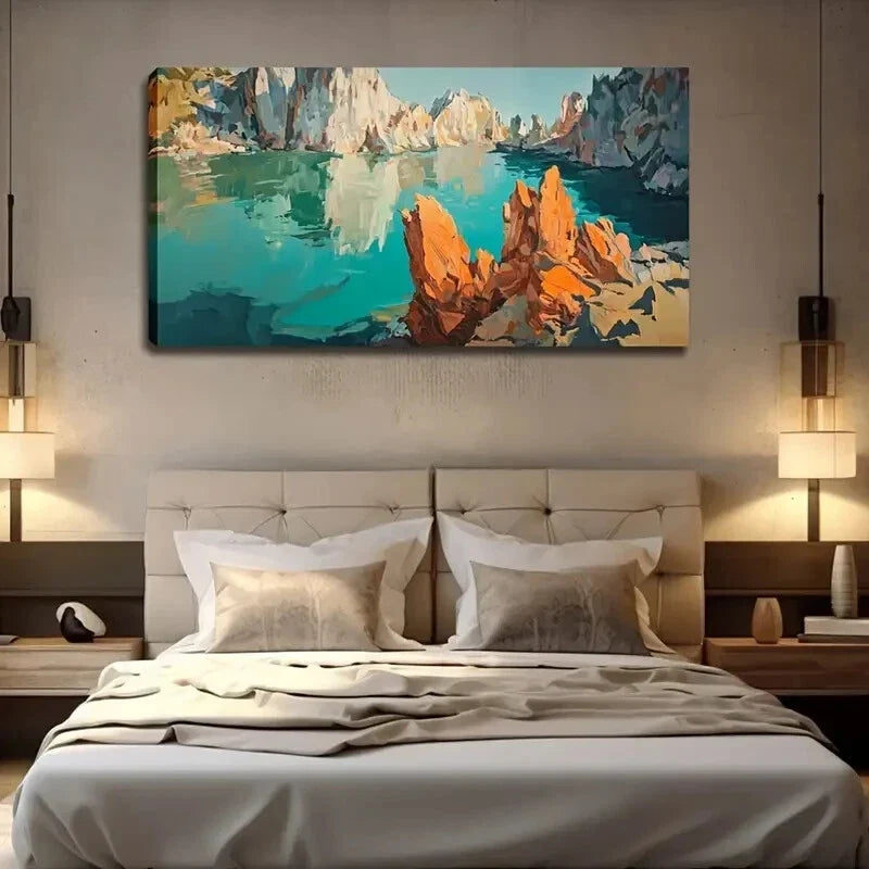 Blue Seascape with Diverse Rock Wall Art Canvas Office Home Room Framed 120x60cm