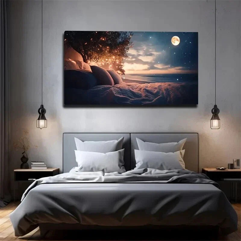 Serene Nighttime Landscape Tree Wall Art Canvas Office Home Room Framed 120x60cm