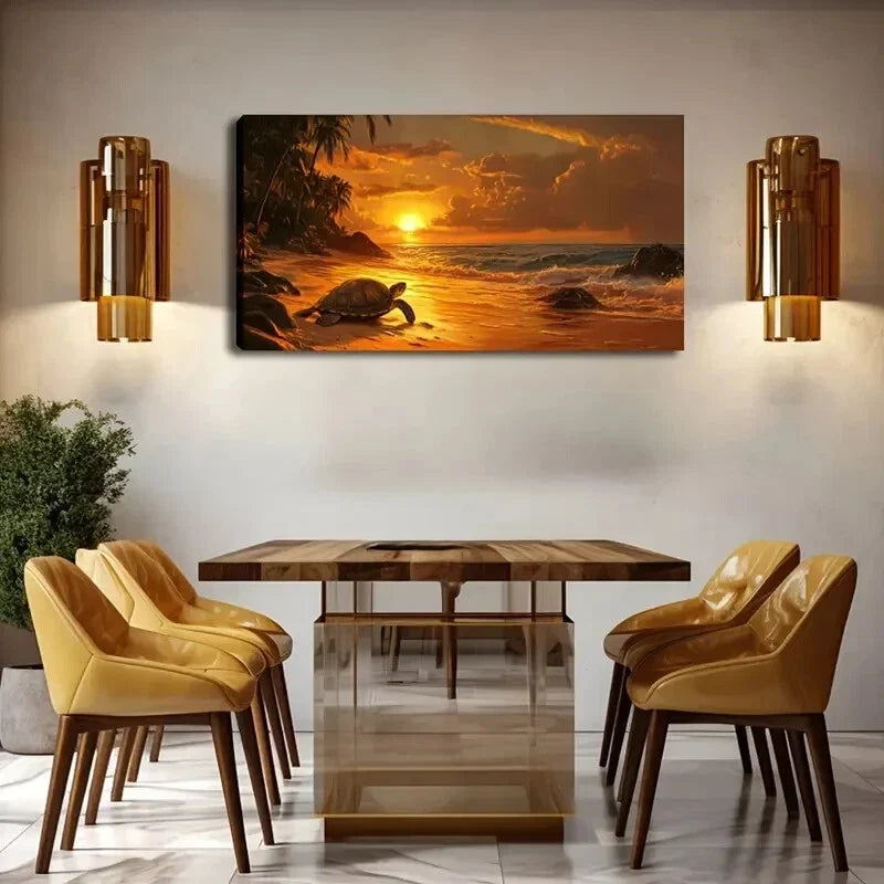 Turtle on the Beach At Sunset Wall Art Canvas Office Home Room Framed 120x60cm