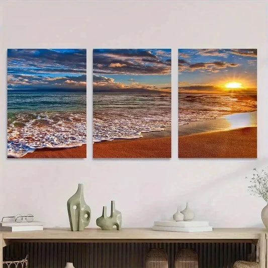 3pcs Beach Sunset Ocean with Sandy Shore Wall Art Set Canvas Framed 40x60cm - High Quality Print 100% Australian Made Wall Canvas Ready to Hang