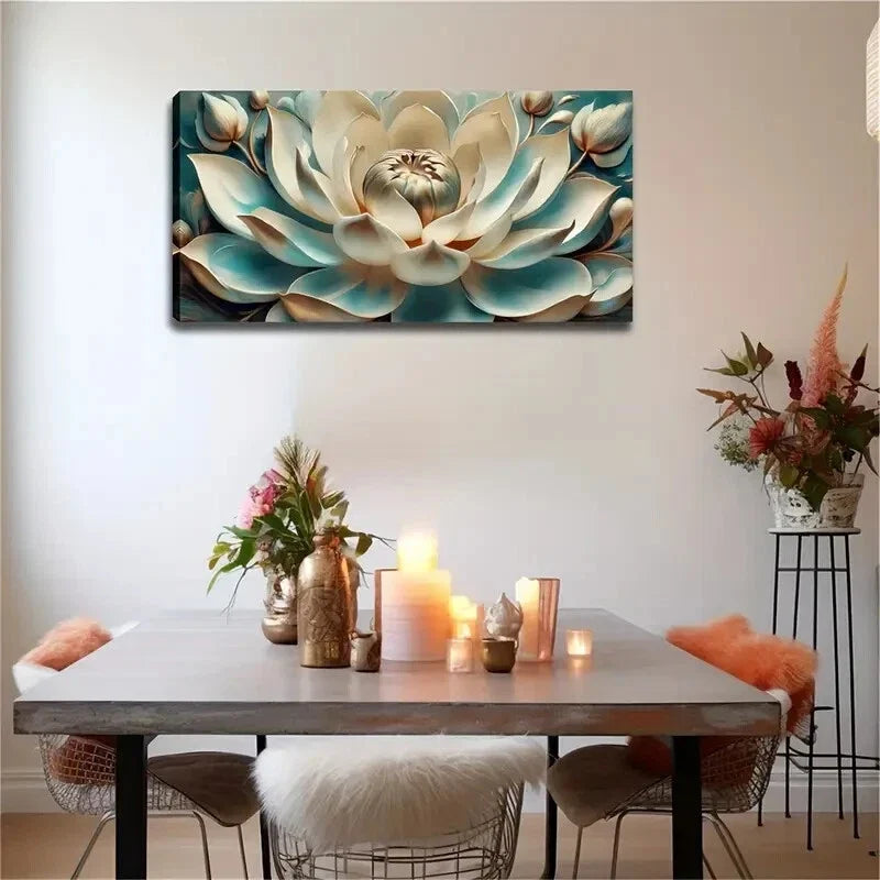 Beige Blooming Lotus Flower Wall Art Canvas Office Home Room Framed 120x60cm