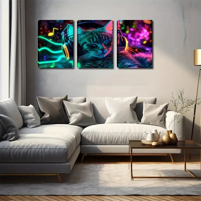 3pcs Neon Light Abstract Cat Listening to Music  Wall Art Set Canvas Framed 40x60cm - High Quality Print 100% Australian Made Wall Canvas Ready to Hang