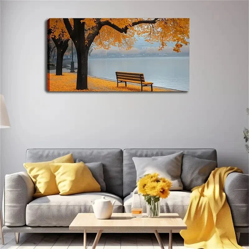 Falling Leaves Serene Lakeside Wall Art Canvas Office Home Room Framed 120x60cm