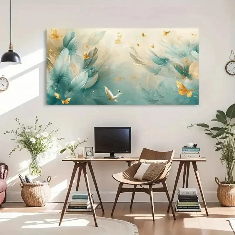 Butterfly Green Golden Neutral Wall Art Canvas Office Home Room Framed 120x60cm